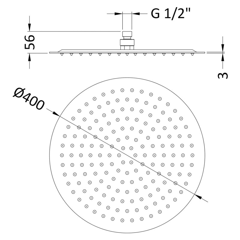 Round Stainless Steel Shower Head 400mm - Technical Drawing