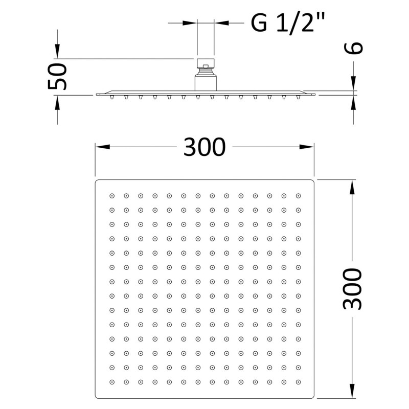 Square Thin Fixed Shower Head 300mm x 300mm - Technical Drawing