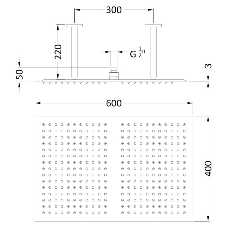 Ceiling Mounted Shower Head 600mm x 400mm - Technical Drawing