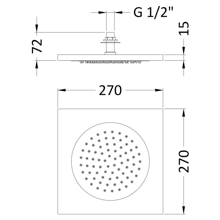 270mm Ceiling Tile Shower Head - Technical Drawing