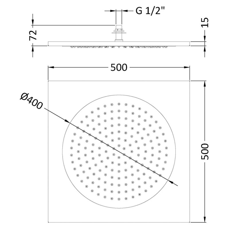 500mm Ceiling Tile Shower Head - Technical Drawing