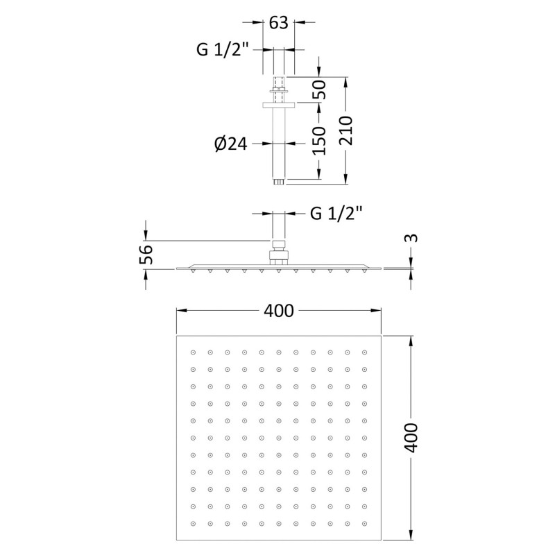 400mm Square Stainless Steel Shower Head with Ceiling Arm - Technical Drawing