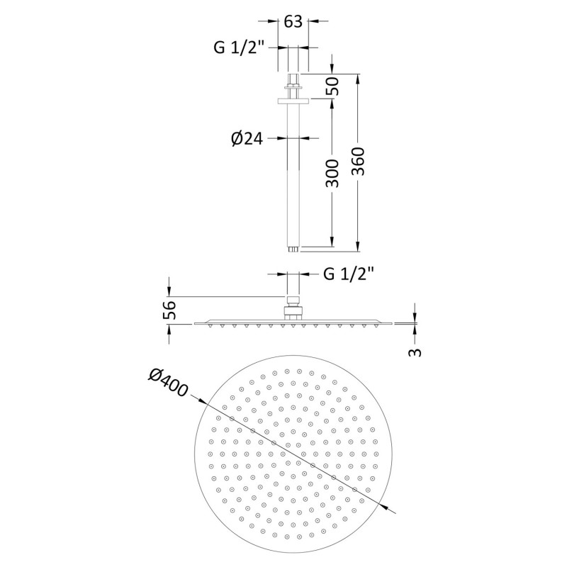 400mm Round Stainless Steel Shower Head with Ceiling Arm - Technical Drawing