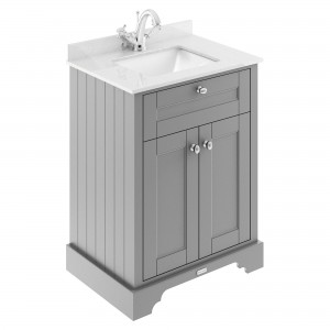Old London 600mm Floor Standing Vanity Unit with 1TH White Marble Top Rectangular Basin - Storm Grey