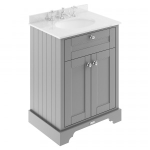 Old London Storm Grey 600mm (w) x 886mm (h) x 470mm (d) 2 Door Vanity Unit with White Marble Top and Basin with 3 Tap Holes