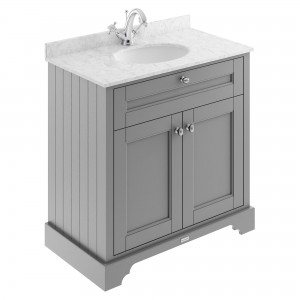 Old London Storm Grey 800mm (w) x 886mm (h) x 470mm (d) 2 Door Vanity Unit with Grey Marble Top and Basin with 1 Tap Hole