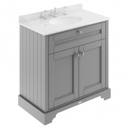 Old London Storm Grey 800mm (w) x 886mm (h) x 470mm (d) 2 Door Vanity Unit with White Marble Top and Basin with 3 Tap Holes