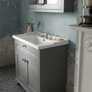 "Old London" Storm Grey 600mm (w) x 868mm (h) x 470mm (d) 2 Door Vanity Unit and Basin with 3 Tap Holes