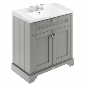 Old London Storm Grey 800mm (w) x 868mm (h) x 470mm (d) 2 Door Vanity Unit and Basin with 3 Tap Holes