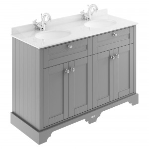 Old London Storm Grey 1200mm (w) x 886mm (h) x 470mm (d) 4 Door Vanity Unit with White Marble Top and Basins