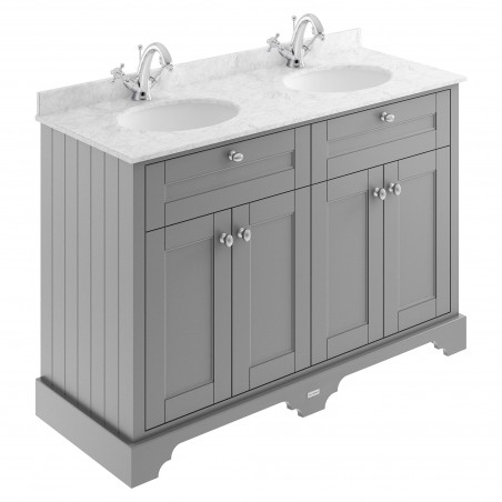 Old London Storm Grey 1200mm (w) x 886mm (h) x 470mm (d) 4 Door Vanity Unit with Grey Marble Top and Double 1 Tap Hole Basins