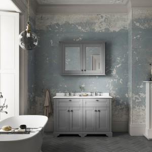 "Old London" Storm Grey 1200mm (w) x 886mm (h) x 470mm (d) 4 Door Vanity Unit with White Marble Top and Double 3 Tap Hole Basins