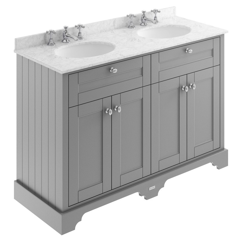 Old London Storm Grey 1200mm (w) x 886mm (h) x 470mm (d) 4 Door Vanity Unit with Grey Marble Top and Double 3 Tap Hole Basins