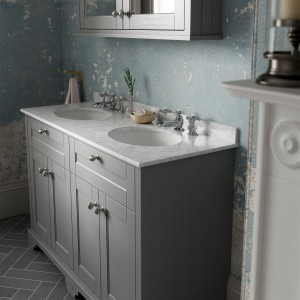 "Old London" Storm Grey 1200mm (w) x 886mm (h) x 470mm (d) 4 Door Vanity Unit with Grey Marble Top and Double 3 Tap Hole Basins