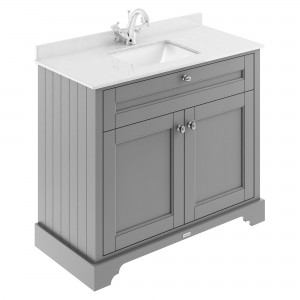 Old London 1000mm Floor Standing Vanity Unit with 1TH White Marble Top Rectangular Basin - Storm Grey