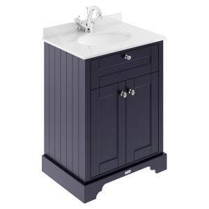 Old London Twilight Blue 600mm (w) x 886mm (h) x 470mm (d) 2 Door Vanity Unit with White Marble Top and Basin with 1 Tap Hole