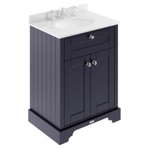 Old London Twilight Blue 600mm (w) x 886mm (h) x 470mm (d) 2 Door Vanity Unit with White Marble Top and Basin