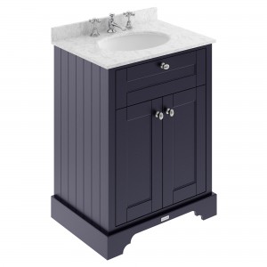 Old London Twilight Blue 600mm (w) x 886mm (h) x 470mm (d) 2 Door Vanity Unit with Grey Marble Top and Basin with 3 Tap Holes