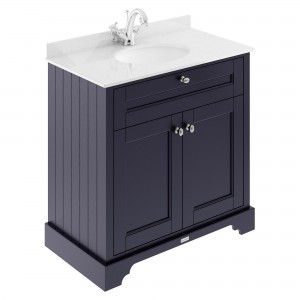 Old London Twilight Blue 800mm (w) x 886mm (h) x 470mm (d) 2 Door Vanity Unit with White Marble Top and Basin with 1 Tap Hole