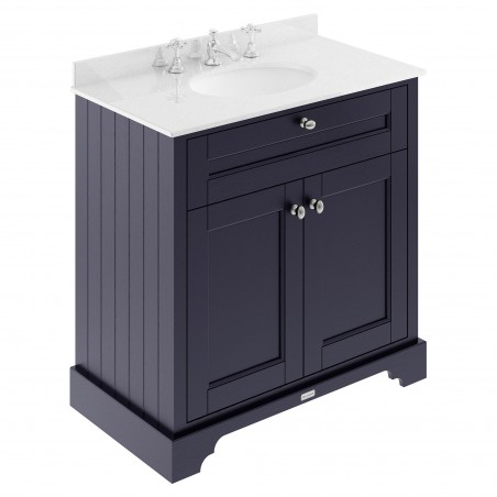 Old London Twilight Blue 800mm (w) x 886mm (h) x 470mm (d) 2 Door Vanity Unit with White Marble Top and Basin
