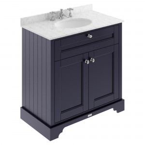 Old London Twilight Blue 800mm (w) x 886mm (h) x 470mm (d) 2 Door Vanity Unit with Grey Marble Top and Basin with 3 Tap Holes