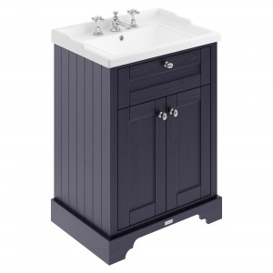 Old London Twilight Blue 600mm (w) x 868mm (h) x 470mm (d) 2 Door Vanity Unit and Basin with 3 Tap Holes