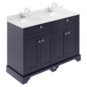 Old London Twilight Blue 1200mm (w) x 886mm (h) x 470mm (d) 4 Door Unit with White Marble Top and Double 1 Tap Hole Basins