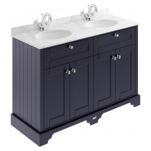 Old London Twilight Blue 1200mm (w) x 886mm (h) x 470mm (d) 4 Door Unit with Grey Marble Top and Double 1 Tap Hole Basins