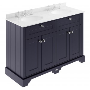 Old London Twilight Blue 1200mm (w) x 886mm (h) x 470mm (d) 4 Door Unit with White Marble Top and Double 3 Tap Hole Basins