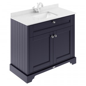 Old London 1000mm Floor Standing Vanity Unit with 1TH White Marble Top Rectangular Basin - Twilight Blue