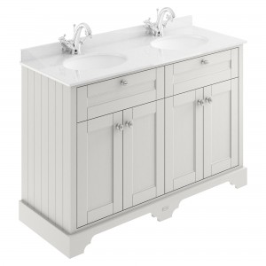 Old London Timeless Sand 1200mm (w) x 886mm (h) x 470mm (d) 4 Door Unit with White Marble Top and Double 1 Tap Hole Basins