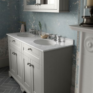 "Old London" Timeless Sand 1200mm (w) x 886mm (h) x 470mm (d) 4 Door Unit with Grey Marble Top and Double 3 Tap Hole Basins