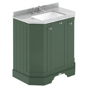 Old London Hunter Green 750mm 3 Door Angled Unit & Marble Top 3 Tap Holes