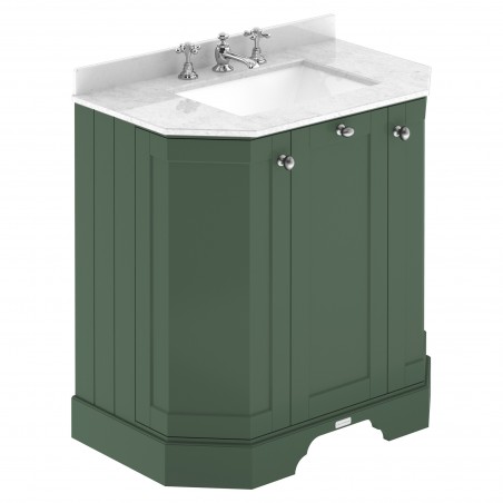 Old London Hunter Green 750mm 3 Door Angled Unit & Marble Top 3 Tap Holes