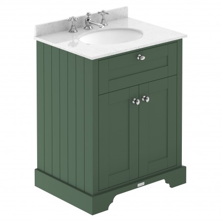 Old London Hunter Green 600mm Cabinet & White Marble Top - 3 Tap Holes