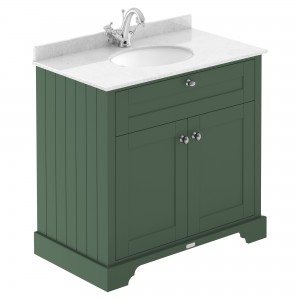 Old London Hunter Green 800mm Cabinet & White Marble Top - 1 Tap Hole