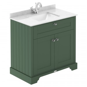 Old London 820mm Floor Standing Vanity Unit with 1TH White Marble Top Rectangular Basin - Hunter Green