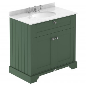 Old London Hunter Green 800mm Cabinet & White Marble Top - 3 Tap Holes
