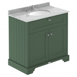 Old London Hunter Green 800mm Cabinet & Grey Marble Top - 3 Tap Holes