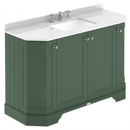Old London Hunter Green 1200mm 4 Door Angled Unit & White Marble Top 3 Tap Holes