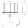 Old London Hunter Green 1200mm 4 Door Angled Unit & White Marble Top 1 Tap Hole - Technical Drawing