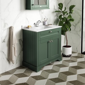 Old London 1000mm Floor Standing Vanity Unit with 1TH White Marble Top Rectangular Basin - Hunter Green