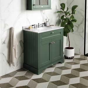 "Old London" Hunter Green 1000mm Cabinet & Grey Marble Top - 1 Tap Hole