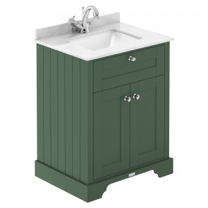 Old London 600mm Floor Standing Vanity Unit with 1TH White Marble Top Rectangular Basin - Hunter Green