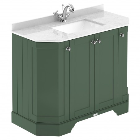 Old London Hunter Green 1000mm 4 Door Angled Unit & White Marble Top 1 Tap Hole