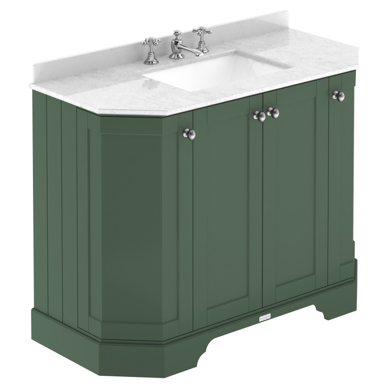 Old London Hunter Green 1000mm 4 Door Angled Unit & White Marble Top 3 Tap Holes