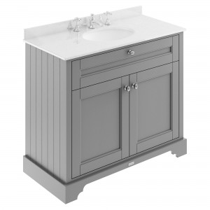 Old London Storm Grey 1000mm (w) x 868mm (h) x 470mm (d) 2 Door Vanity Unit with White Marble Top and Basin with 3 Tap Holes