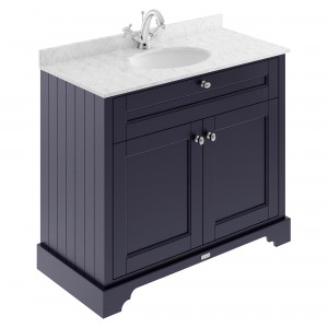 Old London Twilight Blue 1000mm (w) x 868mm (h) x 470mm (d) 2 Door Vanity Unit with Grey Marble Top and Basin with 1 Tap Hole