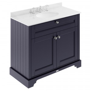 Old London Twilight Blue 1000mm (w) x 868mm (h) x 470mm (d) 2 Door Unit with White Marble Top and Basin with 3 Tap Holes