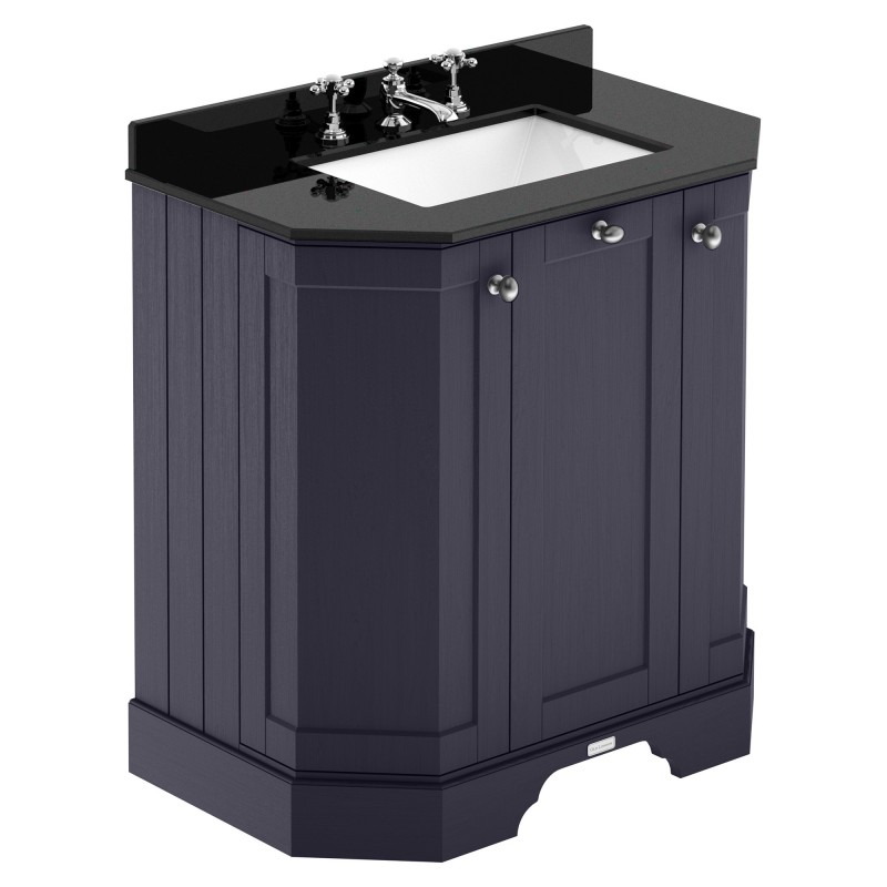 Old London Twilight Blue 750mm (w) x 888mm (h) x 470mm (d) 3-Door Angled Unit & Marble Top 3 Tap Hole